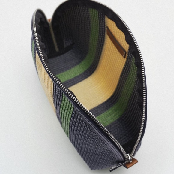 ZARA Contrast Stripe Woven Cosmetics/Toiletry Clutch Bag Navy/Tan/Green Sz Med - Picture 2 of 4